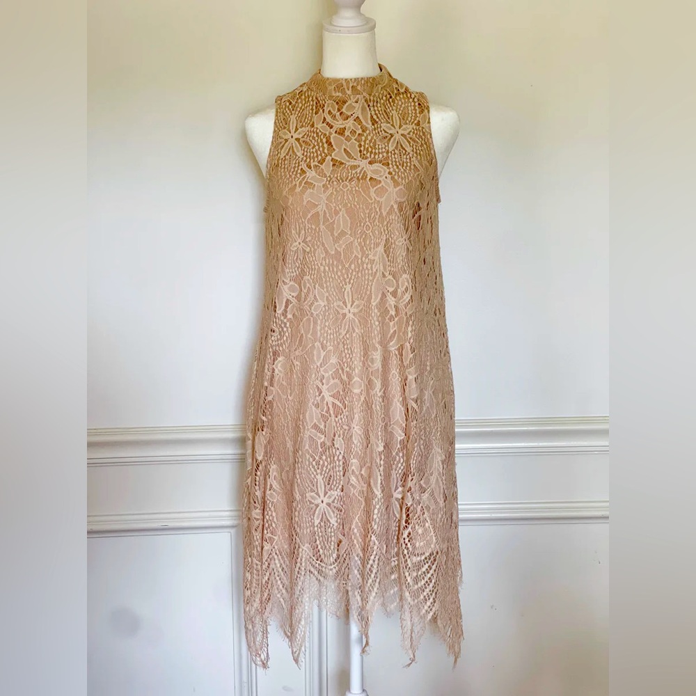 love, Fire Asymmetrical Lace Dress in Beige